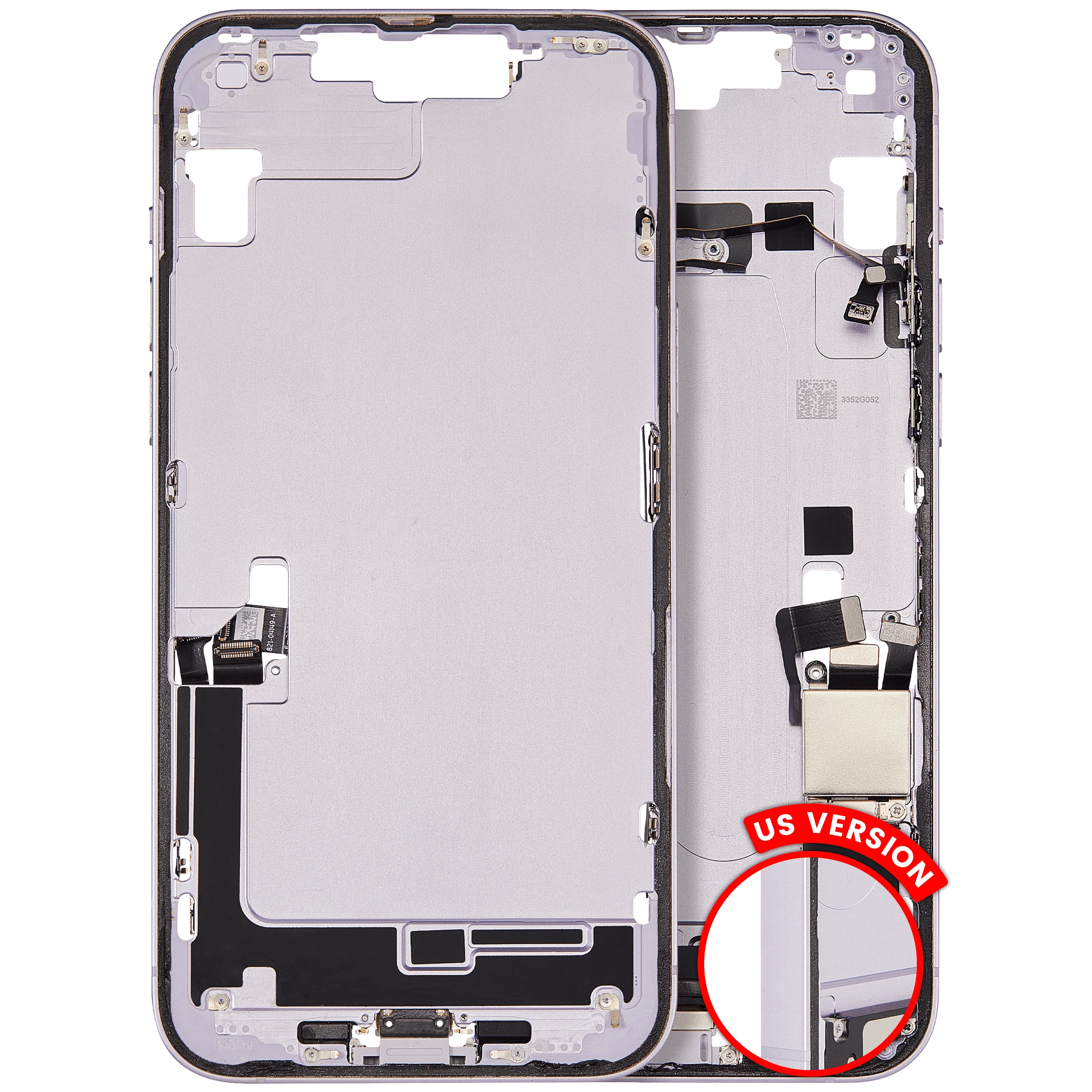 Frame centrale W/ Connettore di ricarica flat e Minuteria per iPhone 14 Plus (US Version) (Used Service Pack Pull: Grade B) (Viola)