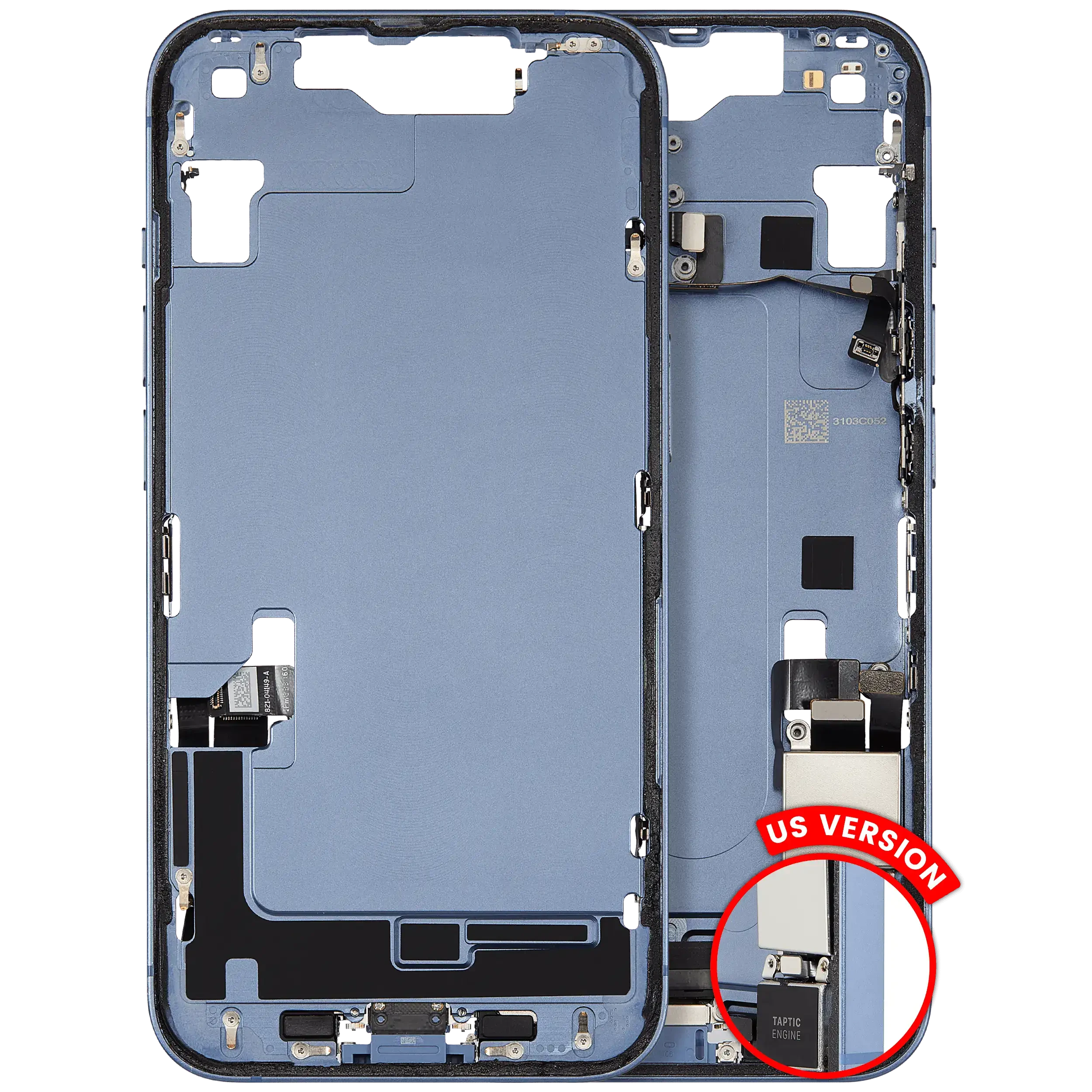 Frame centrale W/ Connettore di ricarica flat e Minuteria per iPhone 14 (US Version) (Used Service Pack Pull: Grade B) (Blu)