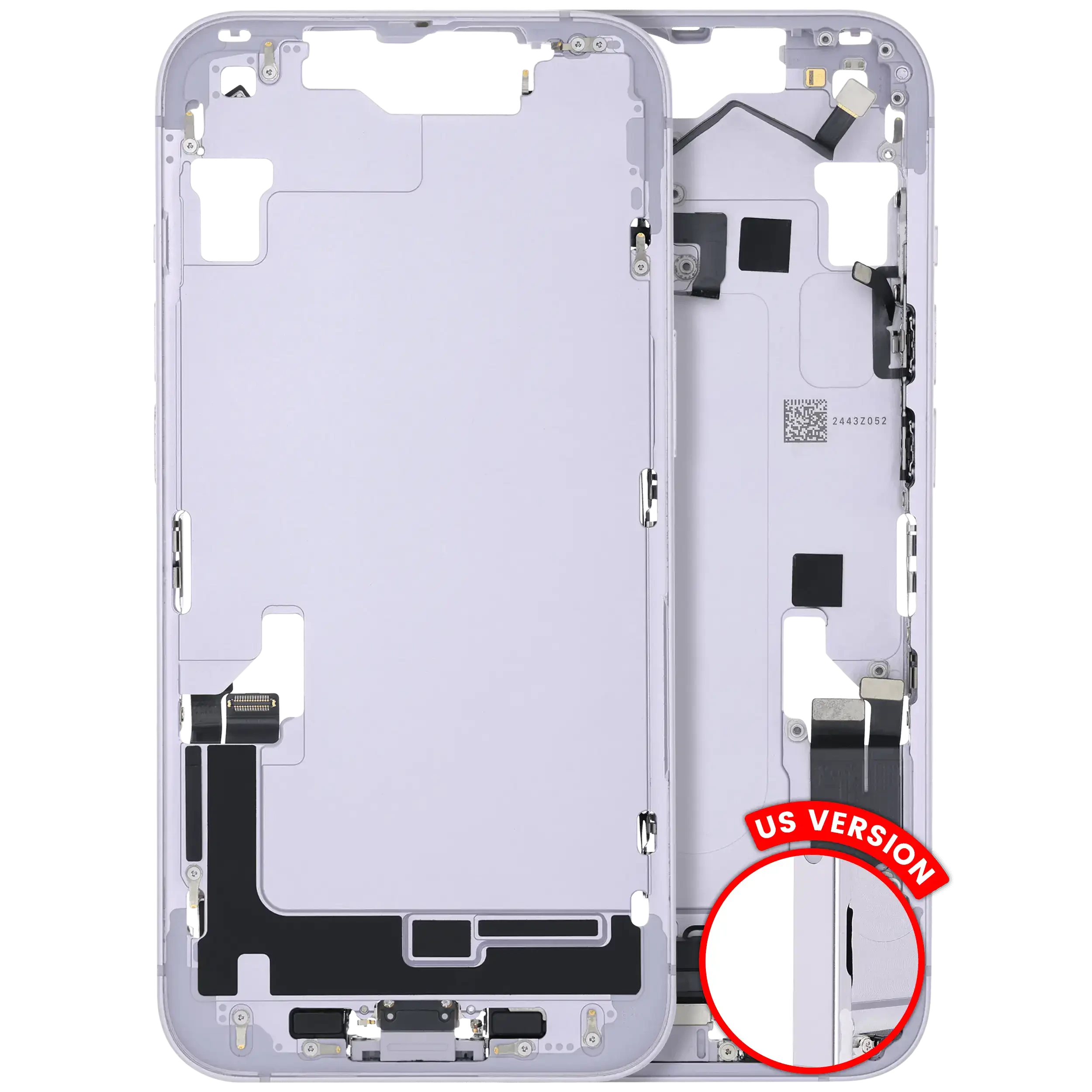 Frame centrale W/ Connettore di ricarica flat e Minuteria per iPhone 14 (US Version) (Used Service Pack Pull: Grade B) (Viola)