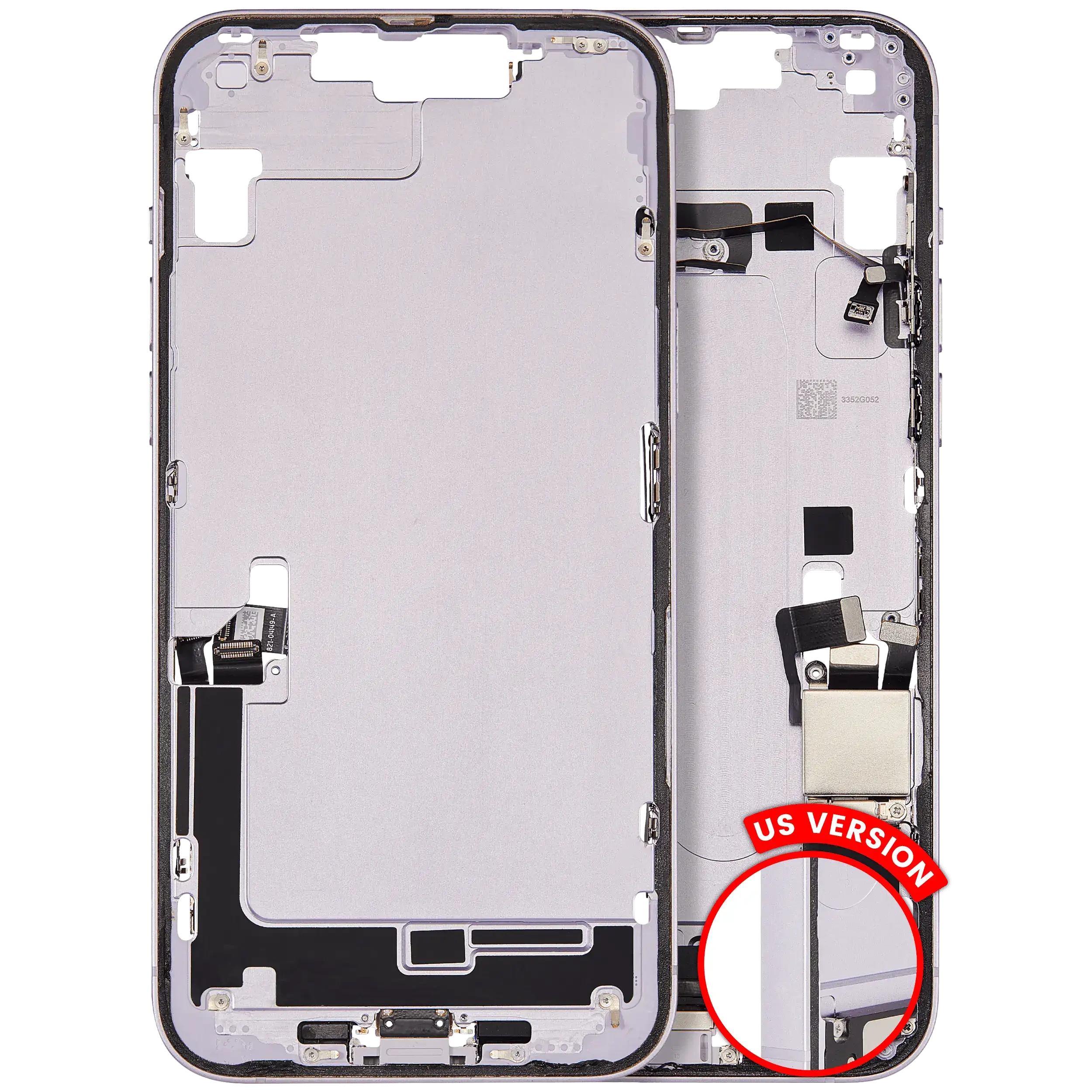 Frame centrale W/ Connettore di ricarica flat e Minuteria per iPhone 14 Plus (US Version) (Used Service Pack Pull: Grade C) (Viola)