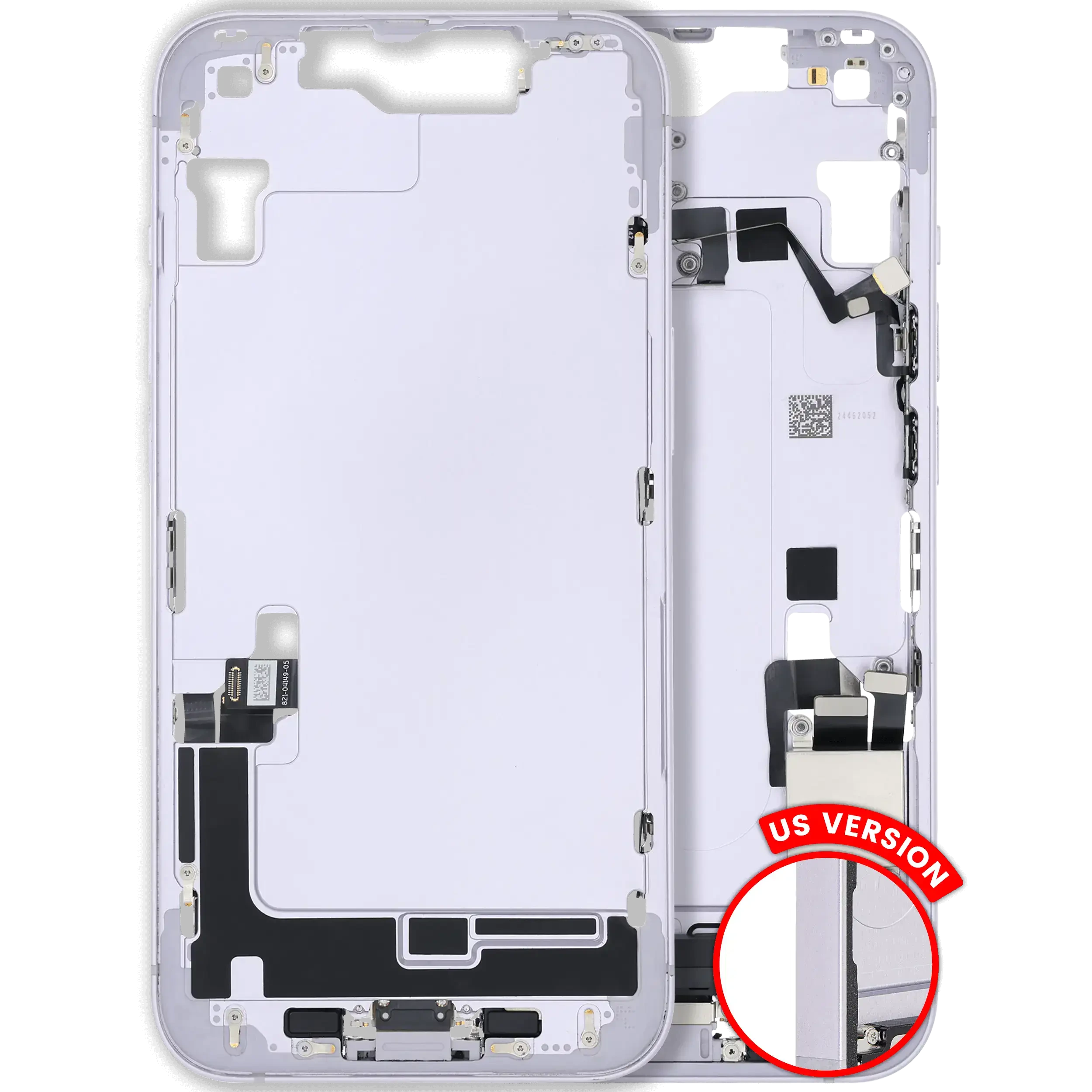 Frame centrale W/ Connettore di ricarica flat e Minuteria per iPhone 14 (US Version) (Used Service Pack Pull: Grade C) (Viola)