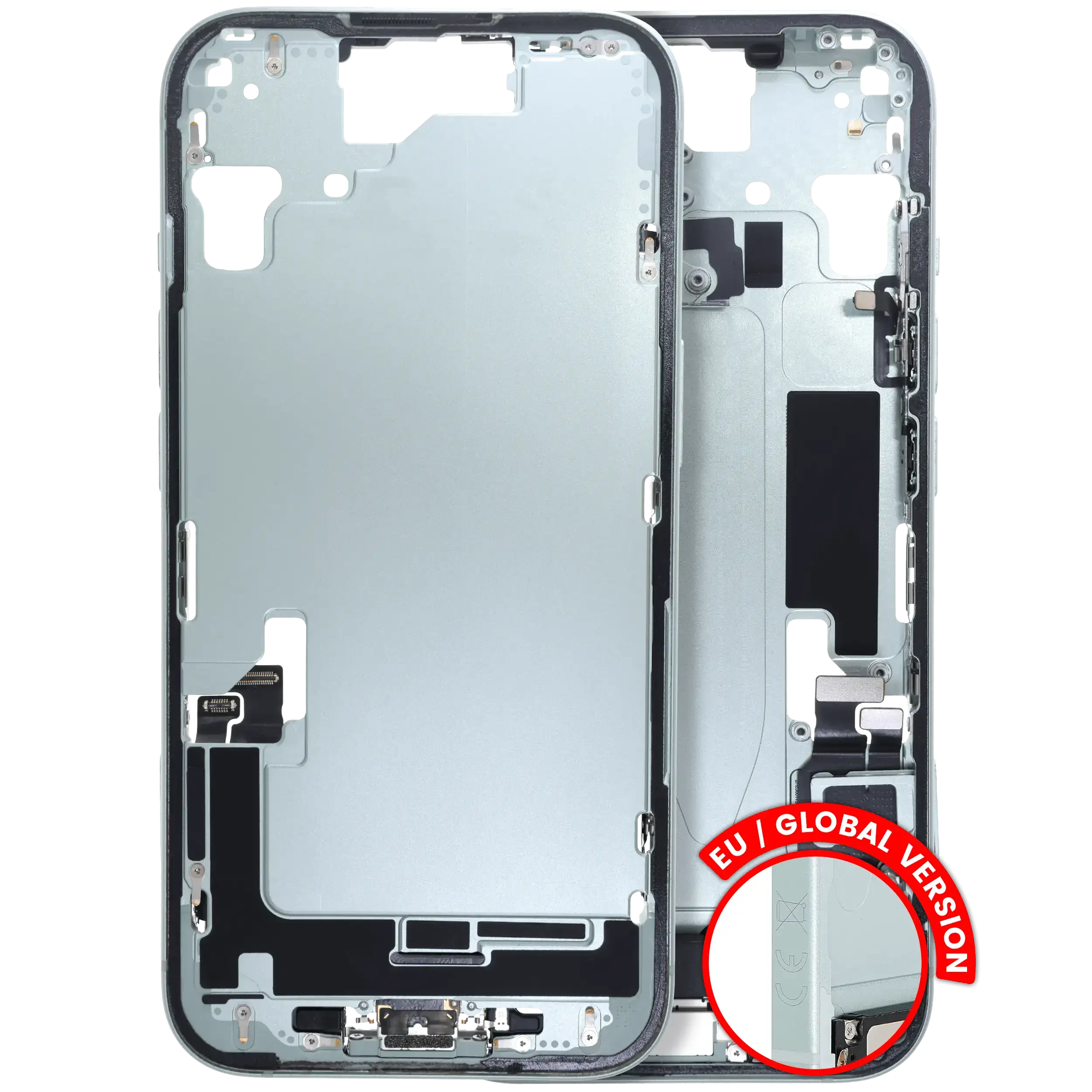 Frame centrale W/ Connettore di ricarica flat e Minuteria per iPhone 15 (EU / Global Version) (Used Service Pack Pull: Grade B) (Verde)