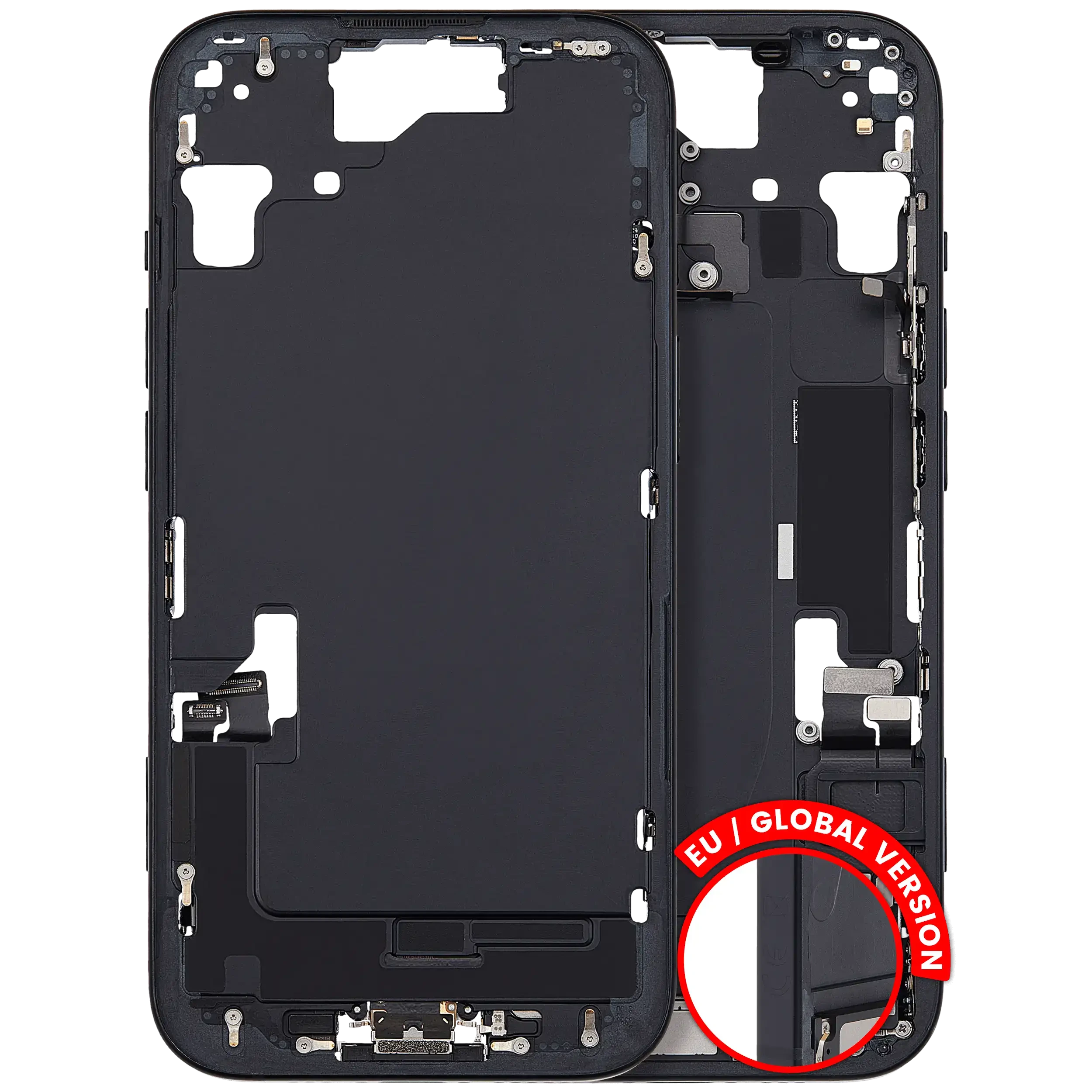 Frame centrale W/ Connettore di ricarica flat e Minuteria per iPhone 15 (EU / Global Version) (Used Service Pack Pull: Grade C) (Nero)