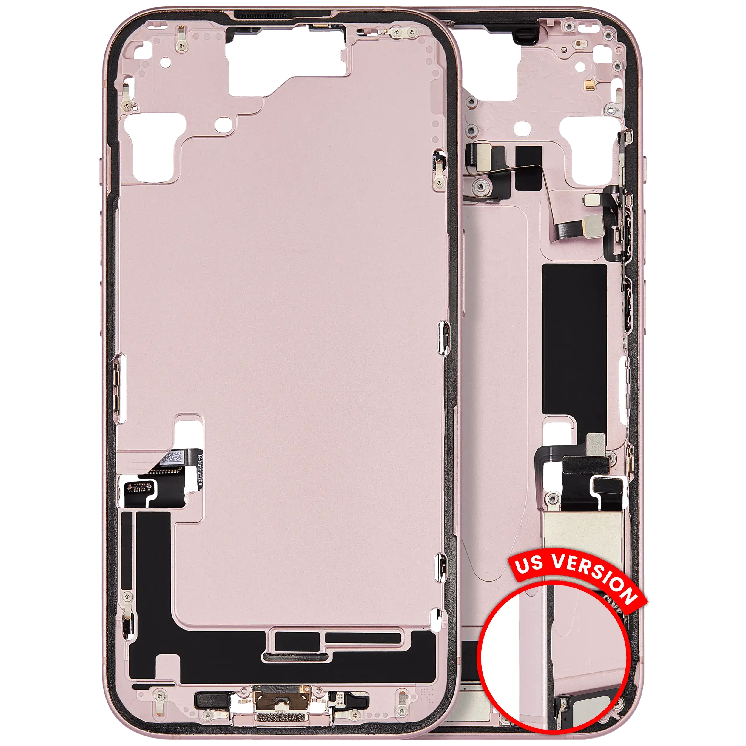 Frame centrale W/ Connettore di ricarica flat e Minuteria per iPhone 15 (US Version) (Used Service Pack Pull: Grade B) (Rosa)