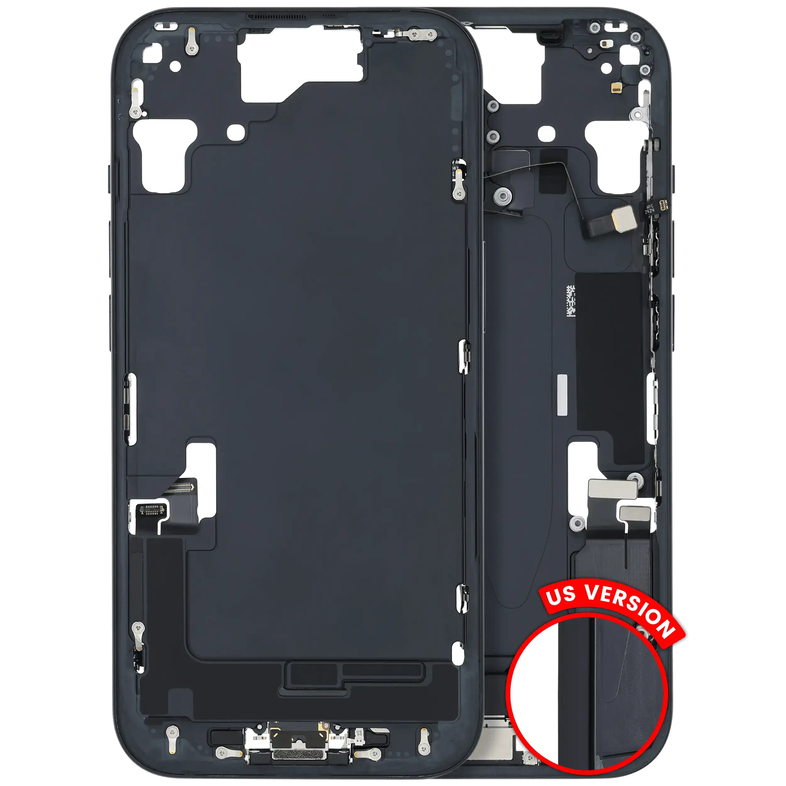 Frame centrale W/ Connettore di ricarica flat e Minuteria per iPhone 15 (US Version) (Used Service Pack Pull: Grade B) (Nero)