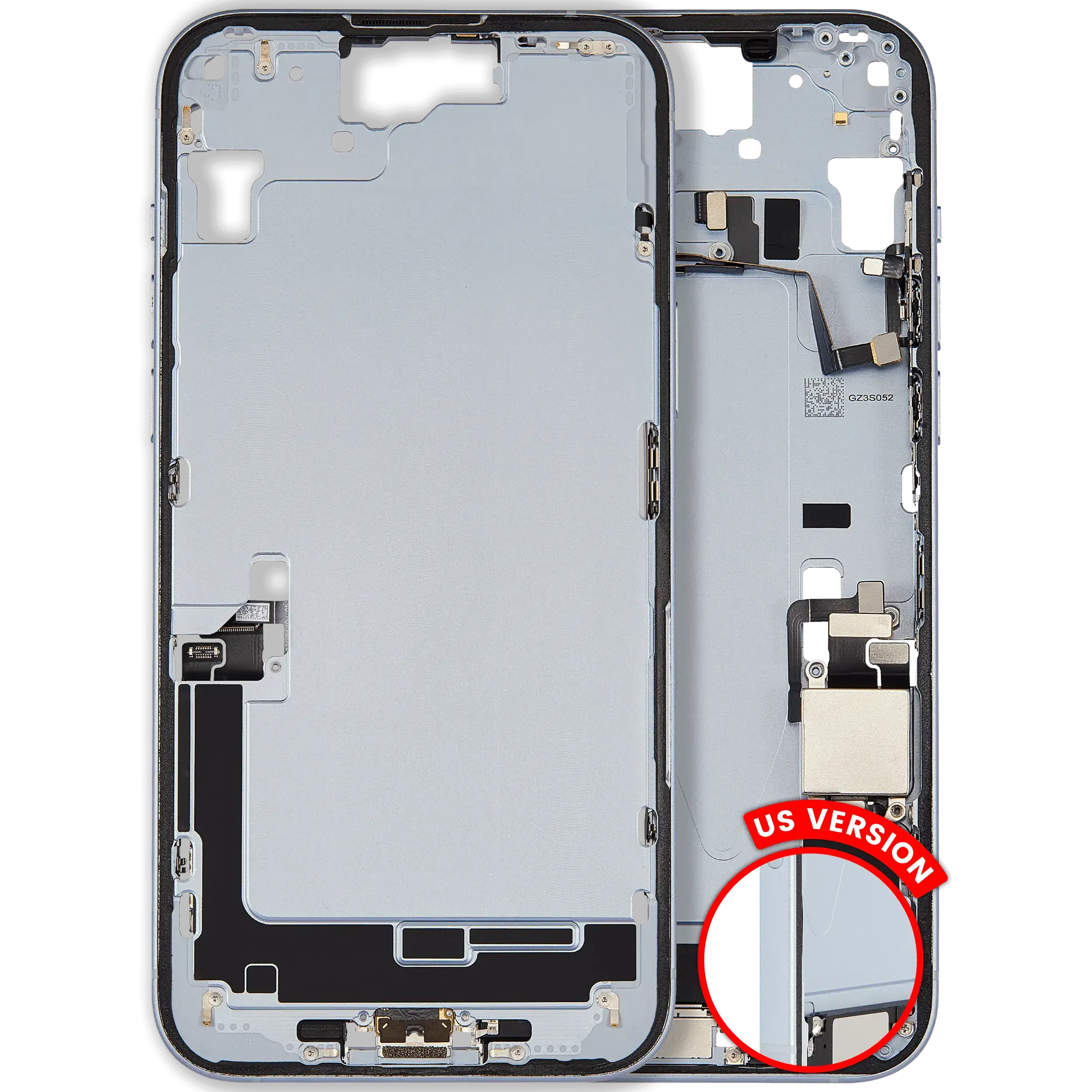 Frame centrale W/ Connettore di ricarica flat e Minuteria per iPhone 15 Plus (US Version) (Used Service Pack Pull: Grade C) (Blu)