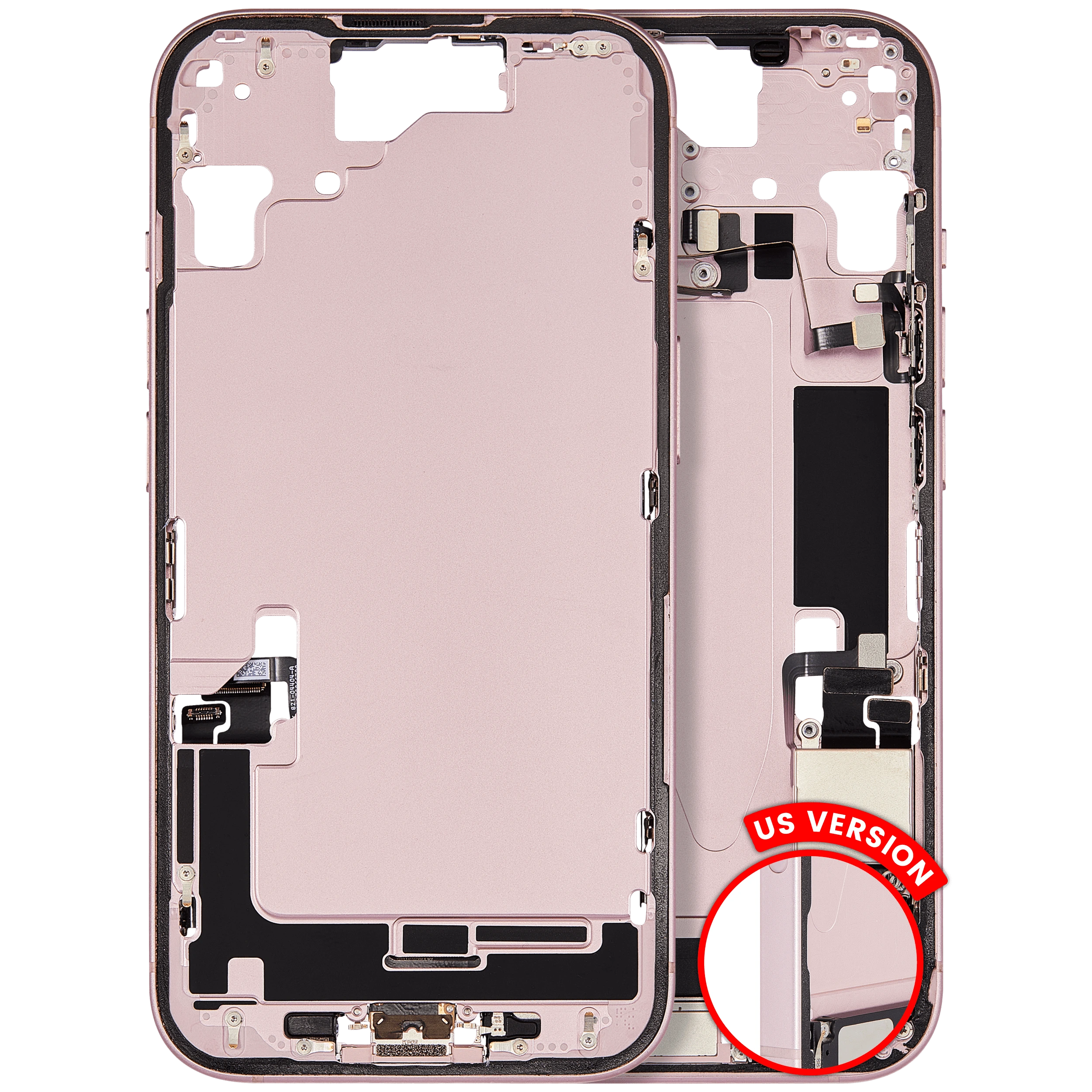 Frame centrale W/ Connettore di ricarica flat e Minuteria per iPhone 15 (US Version) (Used Service Pack Pull: grado A) (Rosa)