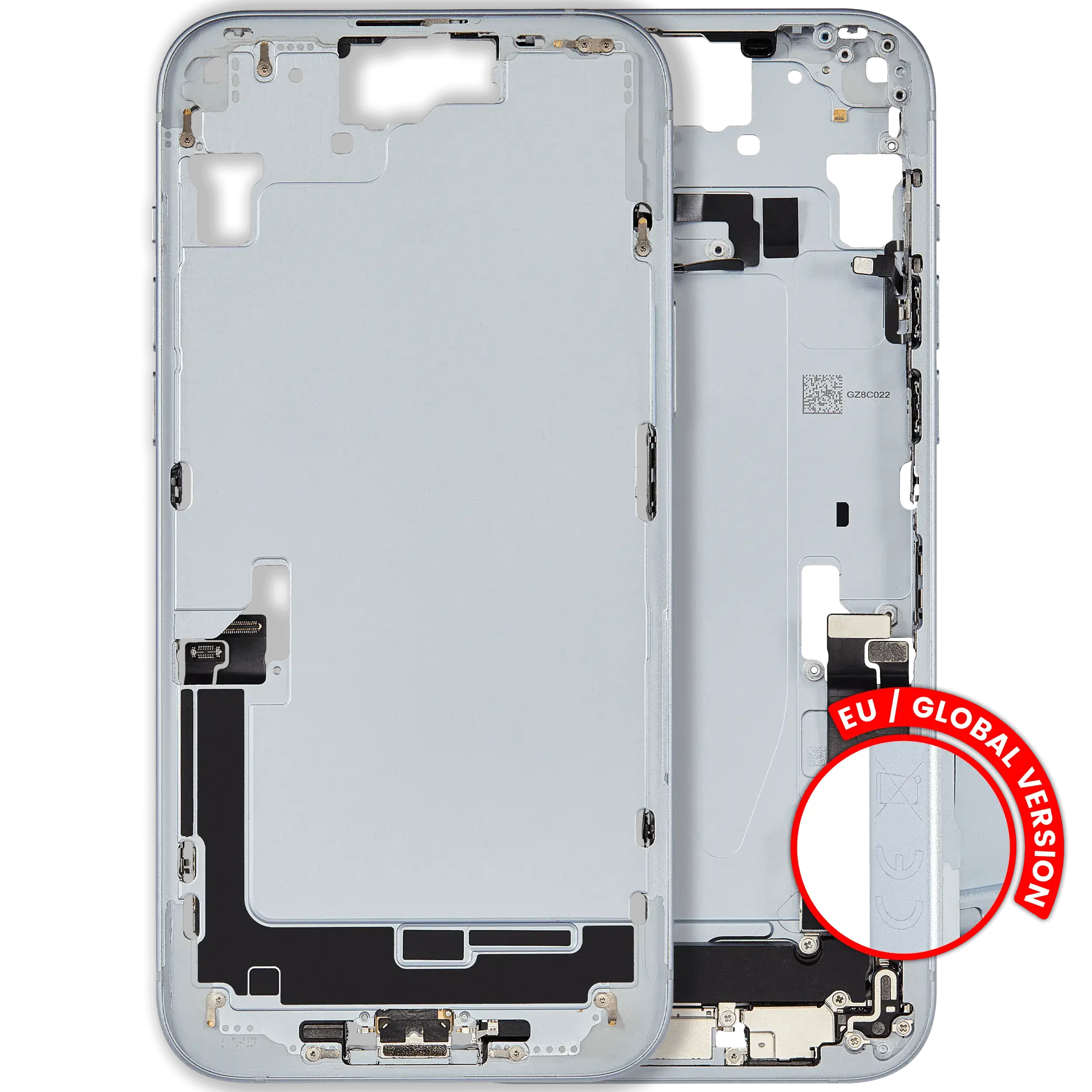 Frame centrale W/ Connettore di ricarica flat e Minuteria per iPhone 15 Plus (EU / Global Version) (Used Service Pack Pull: Grade C) (Blu)