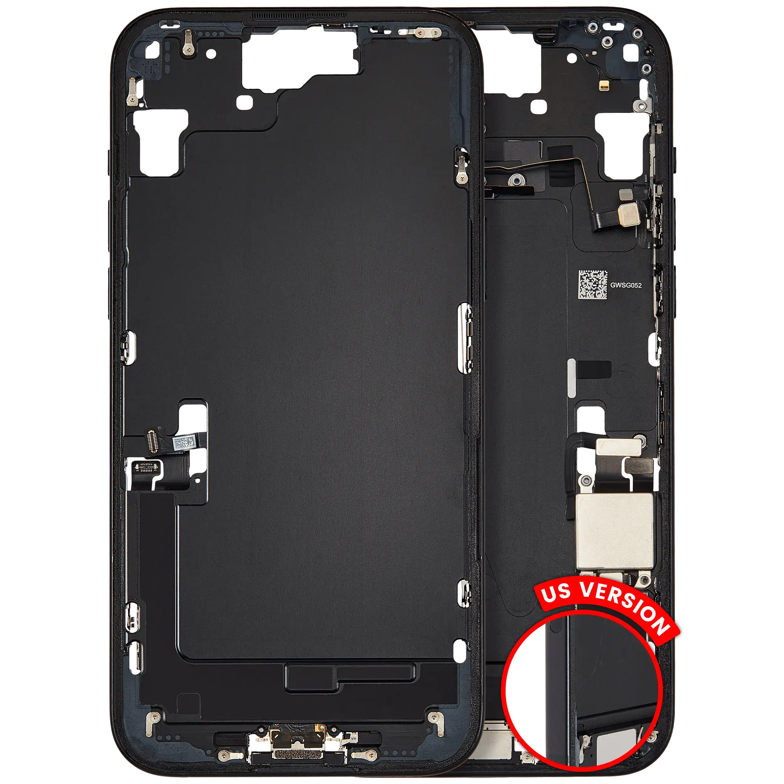 Frame centrale W/ Connettore di ricarica flat e Minuteria per iPhone 15 Plus (US Version) (Used Service Pack Pull: Grade B) (Nero)