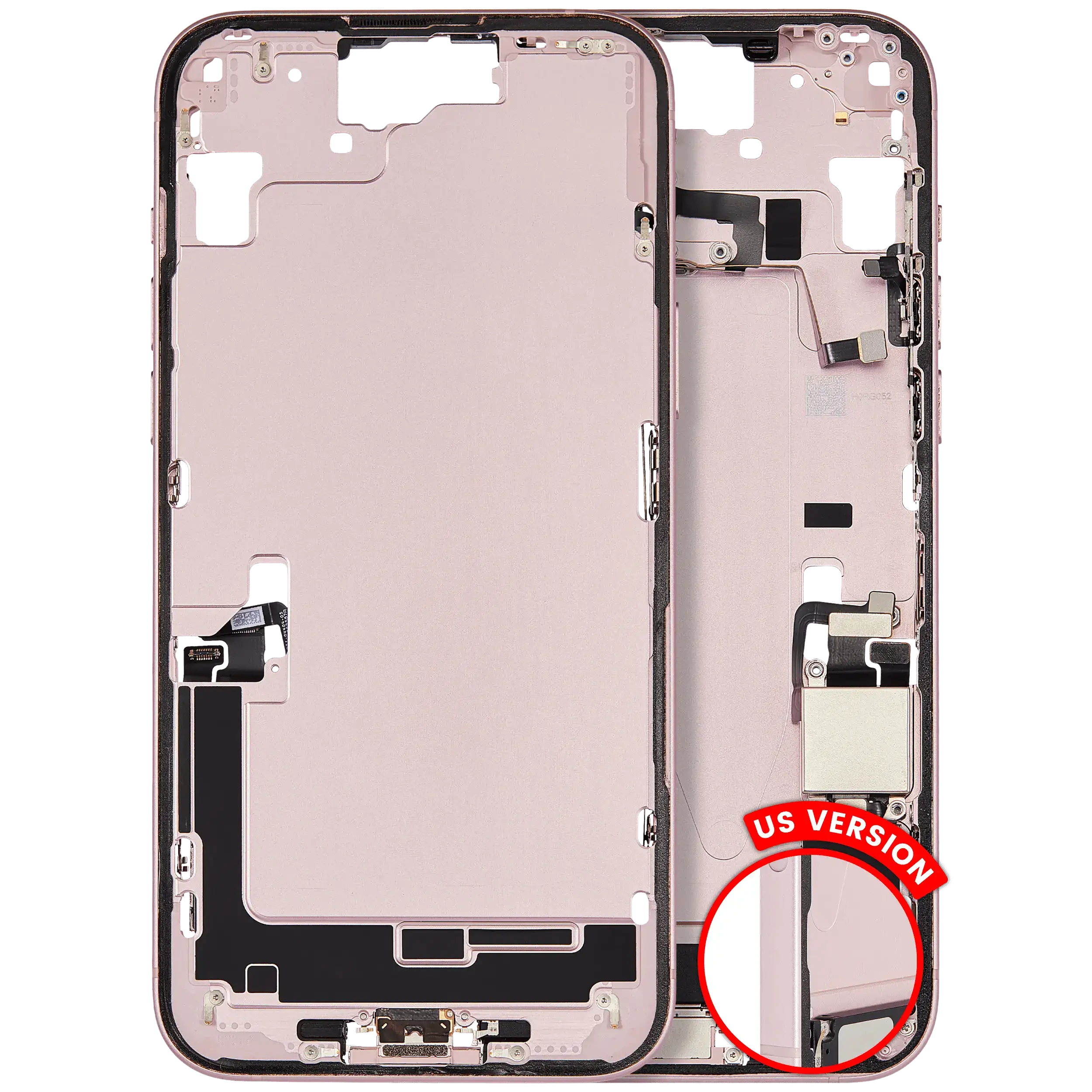 Frame centrale W/ Connettore di ricarica flat e Minuteria per iPhone 15 Plus (US Version) (Used Service Pack Pull: grado A) (Rosa)