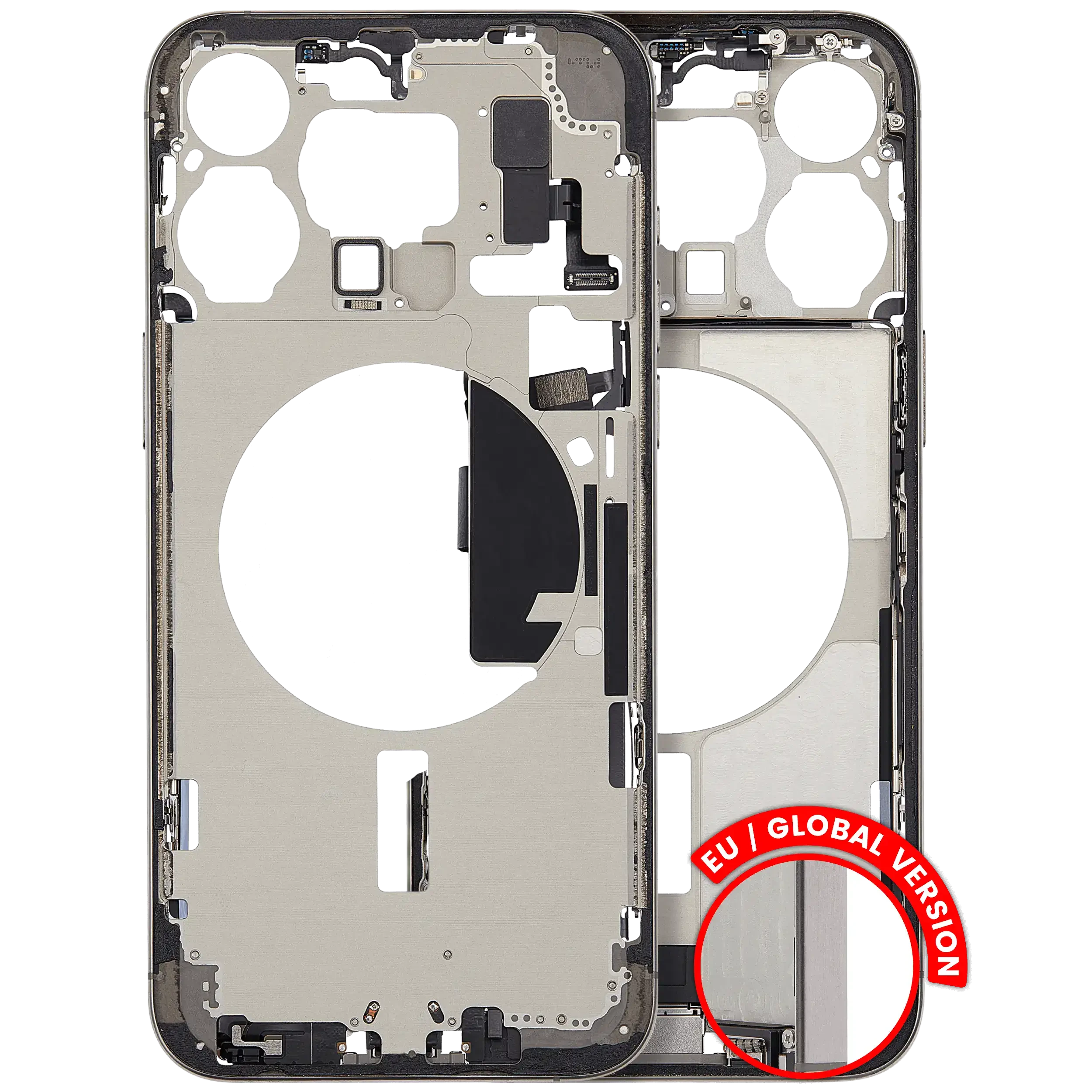 Frame centrale W/ Connettore di ricarica flat e Minuteria per iPhone 15 Pro Max (EU / Global Version) (Used Service Pack Pull: Grade B) (Titanio naturale)