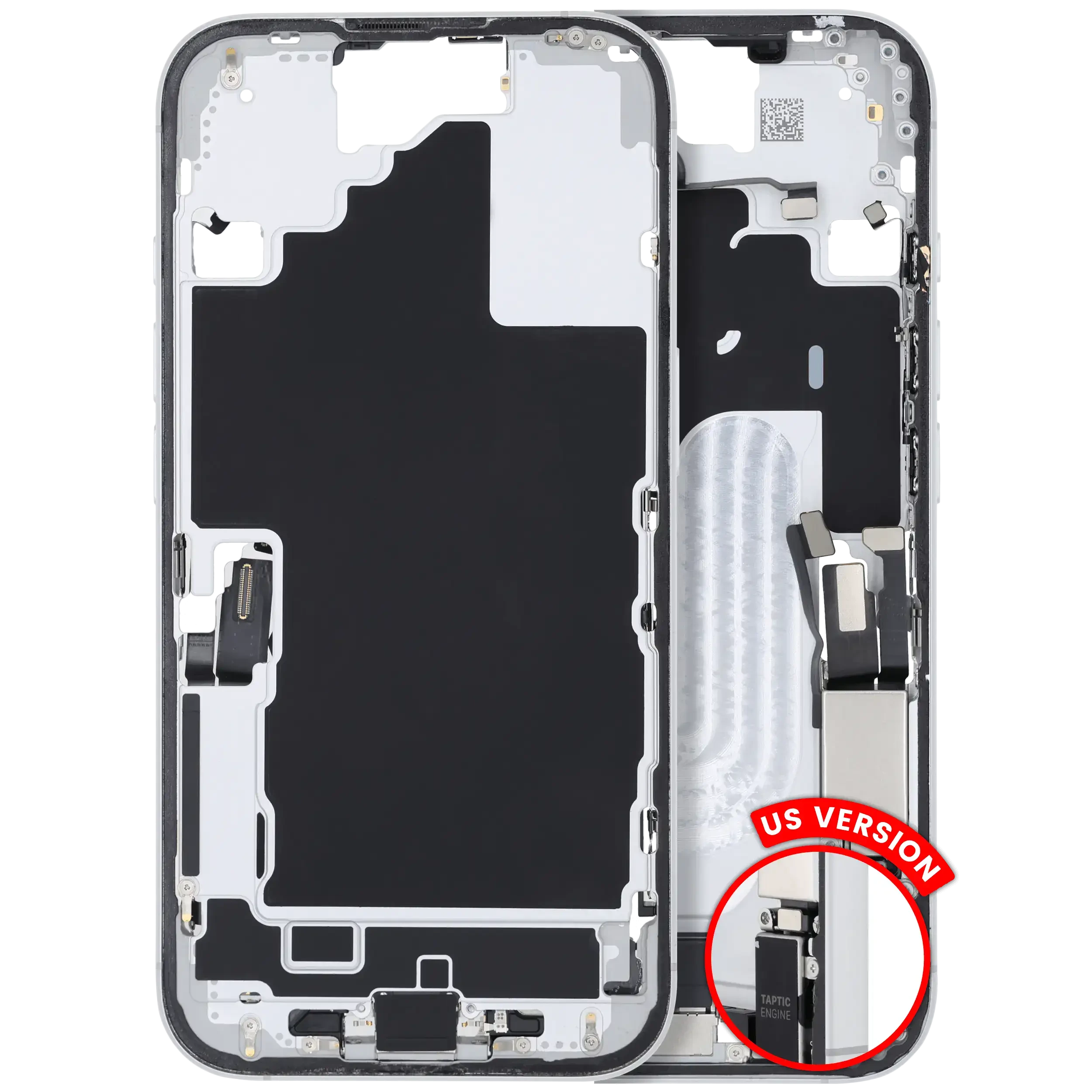 Frame centrale W/ Connettore di ricarica flat e Minuteria per iPhone 16 (US Version) (Used Service Pack Pull: grado A) (Bianco)