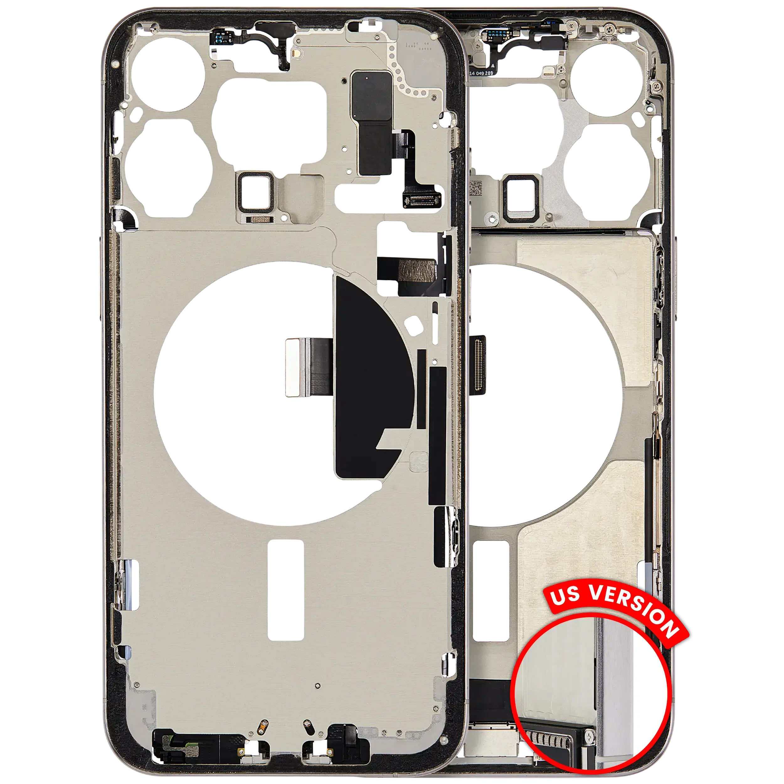 Frame centrale W/ Connettore di ricarica flat e Minuteria per iPhone 15 Pro Max (US Version) (Used Service Pack Pull: Grade B) (Titanio bianco)