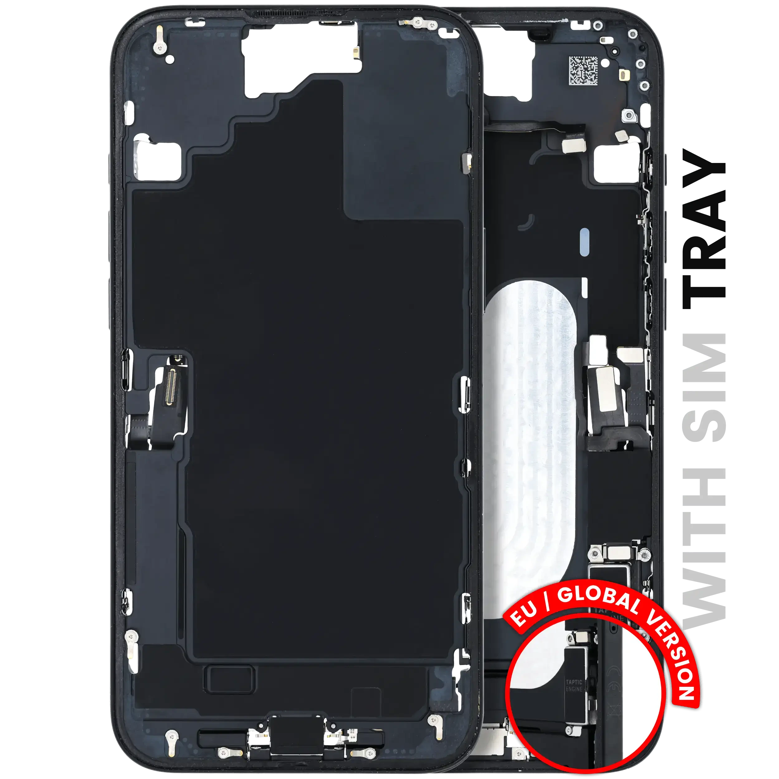 Frame centrale W/ Connettore di ricarica flat e Minuteria per iPhone 16 Plus (EU / Global Version) (Used Service Pack Pull: grado A) (Nero)
