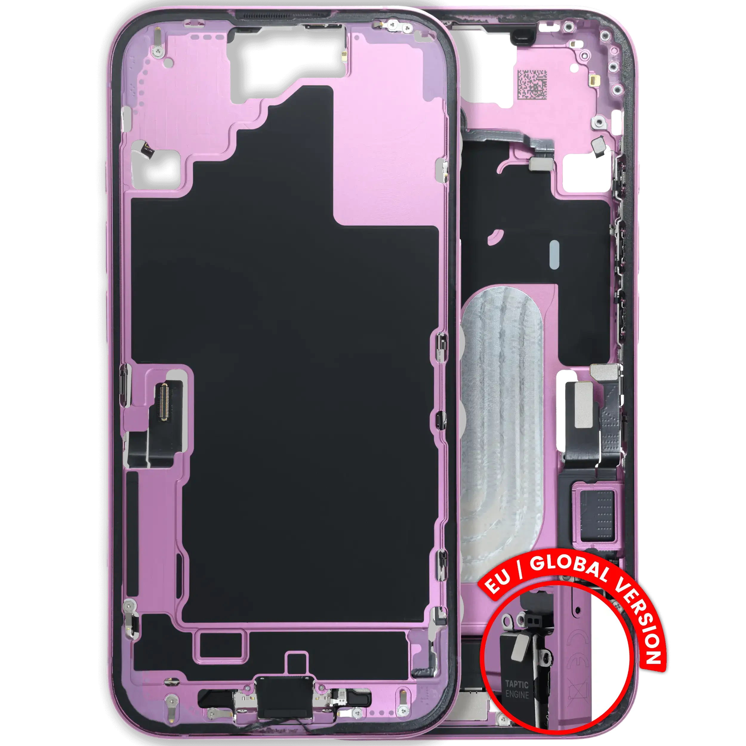 Frame centrale W/ Connettore di ricarica flat e Minuteria per iPhone 16 (EU / Global Version) (Used Service Pack Pull: grado A) (Rosa)