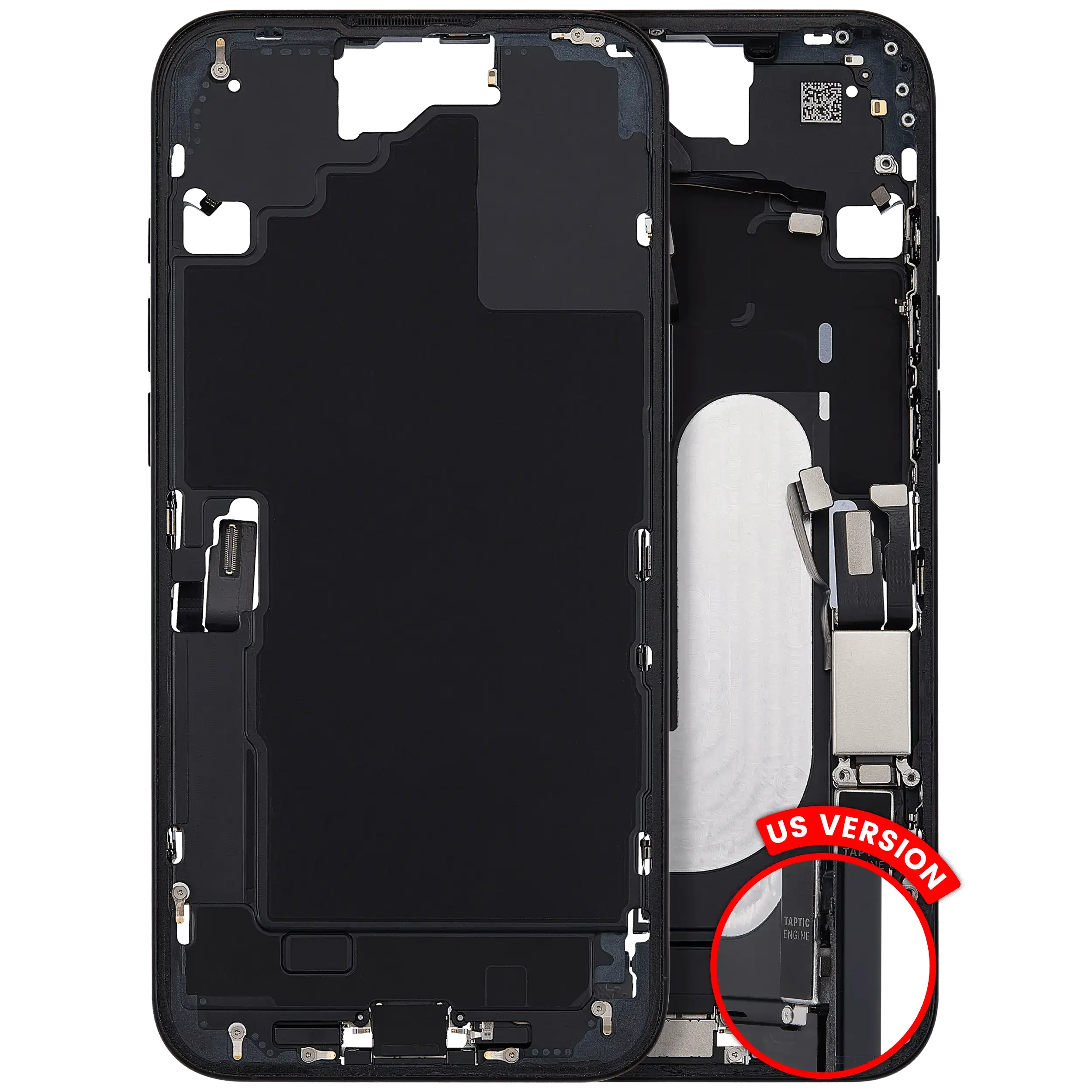 Frame centrale W/ Connettore di ricarica flat e Minuteria per iPhone 16 Plus (US Version) (Used Service Pack Pull: Grade C) (Nero)