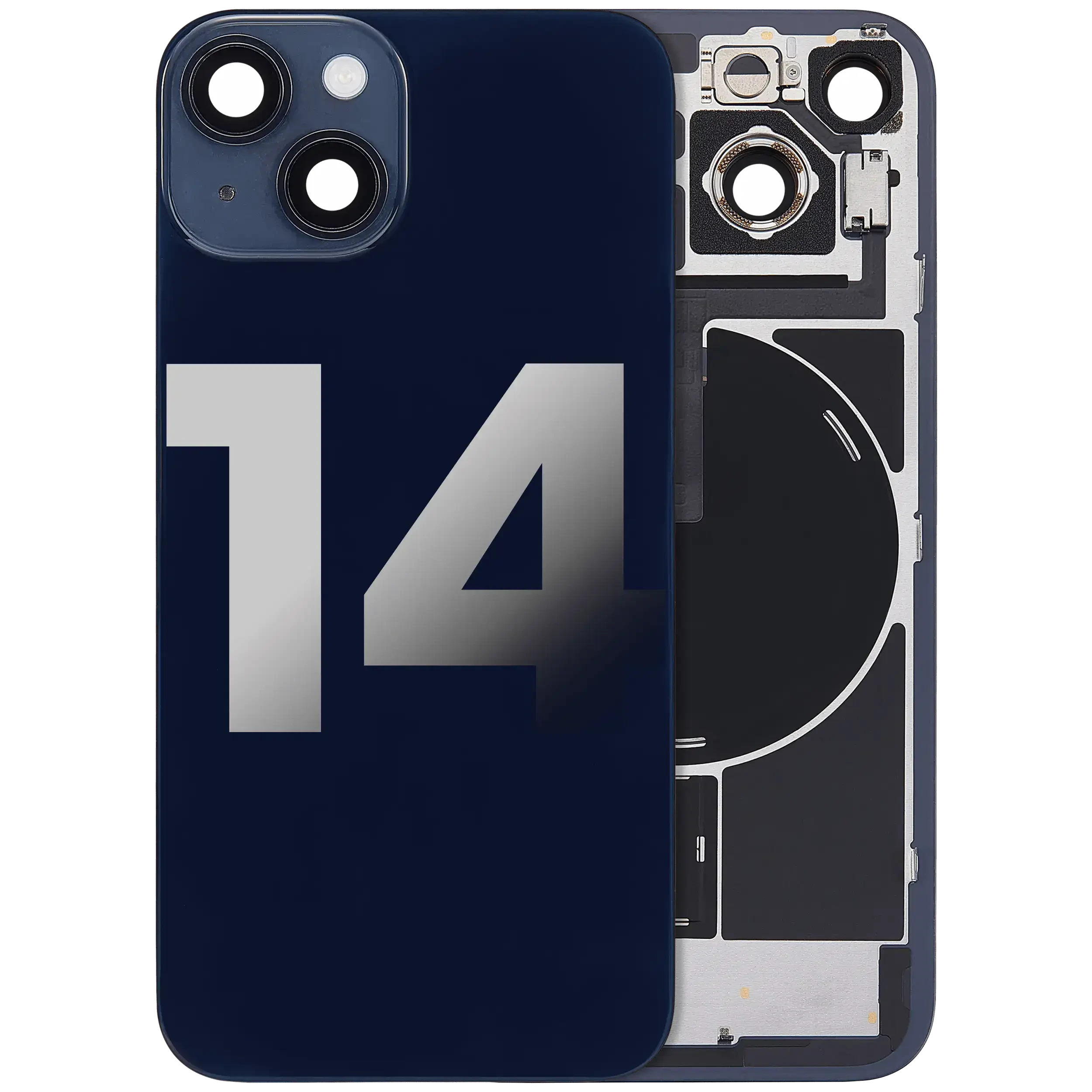 Vetro posteriore con magnete MagSafe, NFC e flat flash per iPhone 14 (Used Service Pack Pull: Grade C) (Mezzanotte)