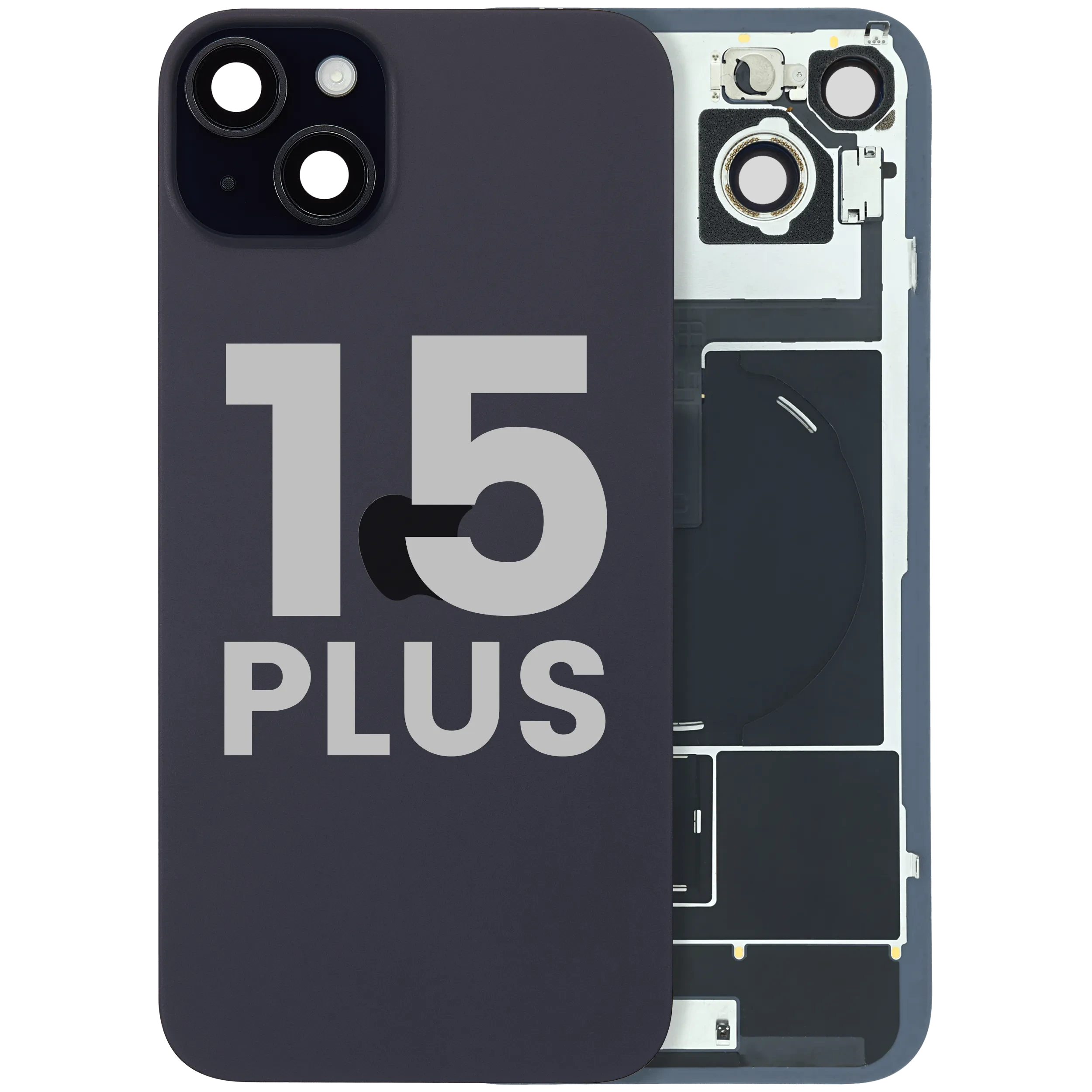 Vetro posteriore con magnete MagSafe, NFC e flat flash per iPhone 15 Plus (Used Service Pack Pull: Grade C) (Nero)