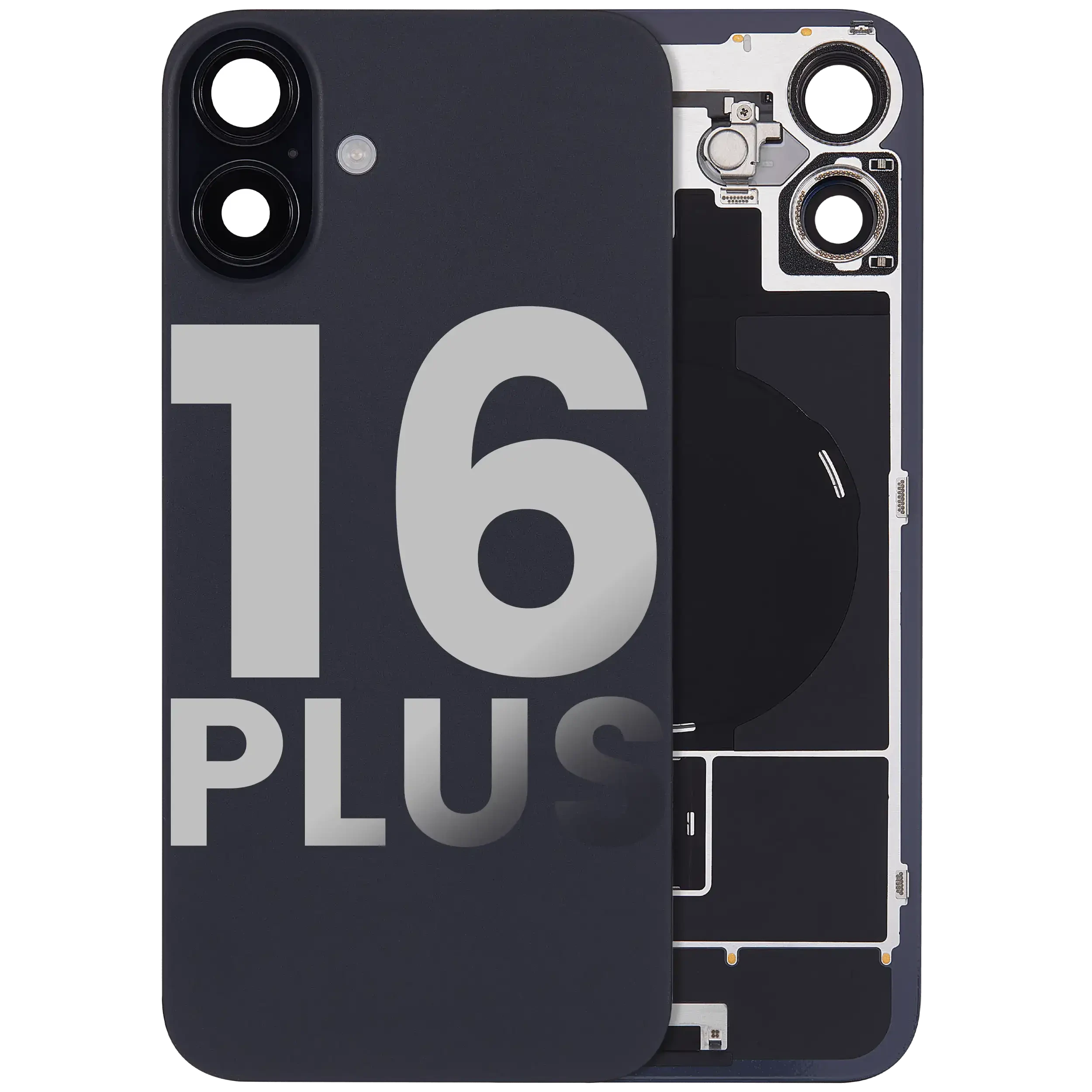 Vetro posteriore con magnete MagSafe, NFC e flat flash per iPhone 16 Plus (Used Service Pack Pull: Grade C) (Nero)
