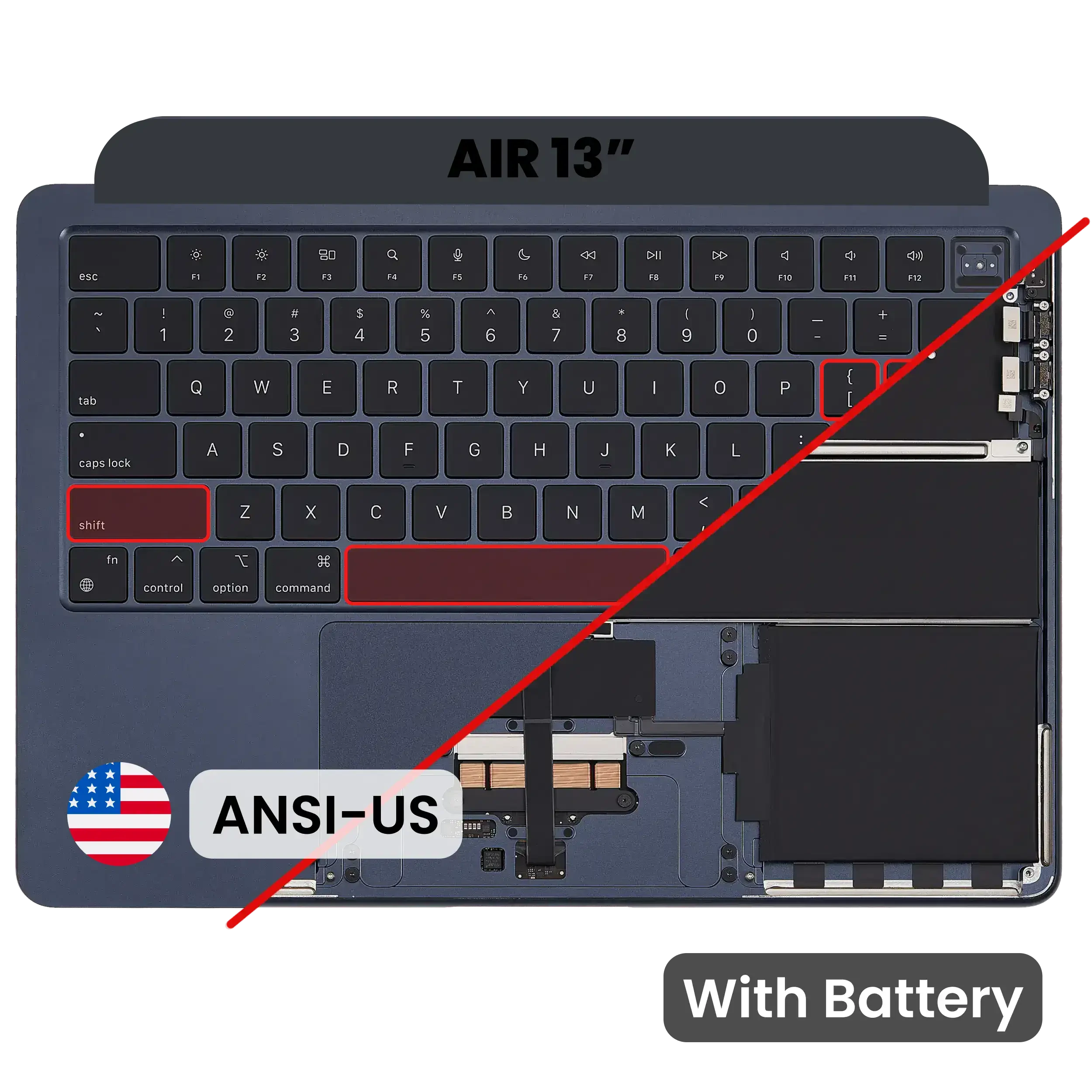 Top Case con Batteria e tastiera (ANSI US) per MacBook Air 13" A3113 (Used Service Pack Pull: grado A) (Mezzanotte)