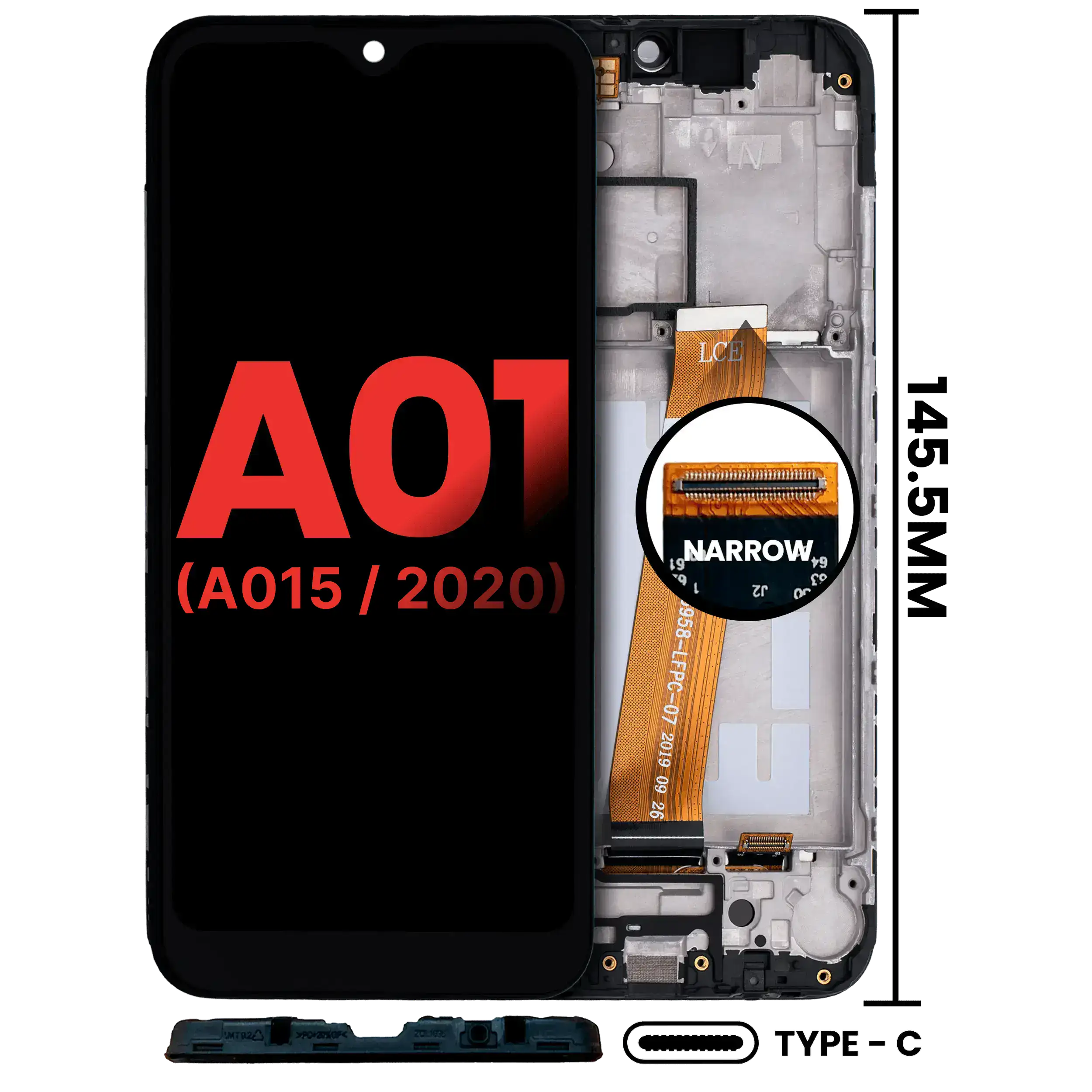 Display LCD completo con Frame per Samsung Galaxy A01 4G (A015 / 2020) (US Model) (TYPE-C Frame) (tutti i colori)