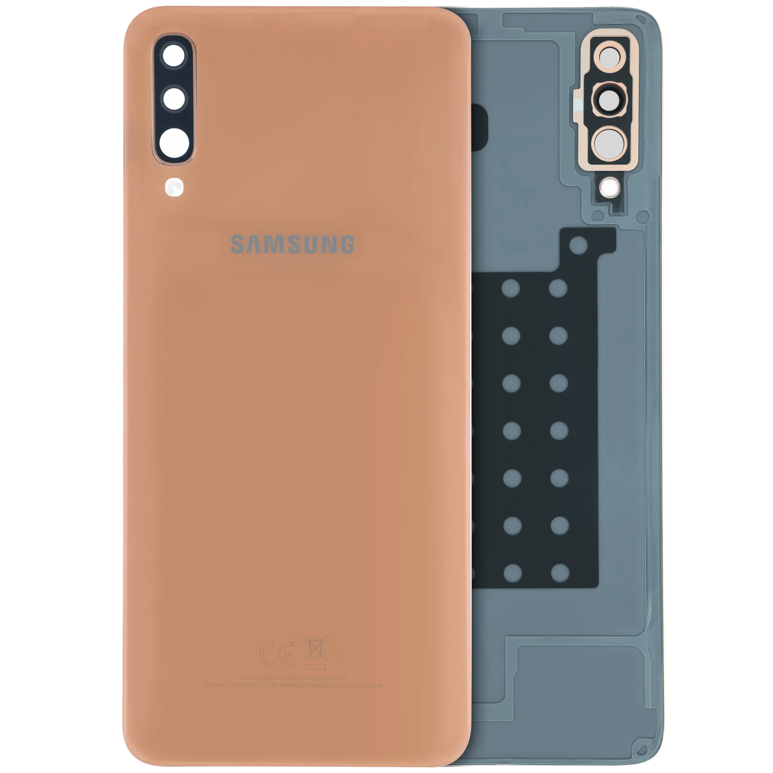 Cover posteriore con Vetro fotocamera compatibile per Samsung Galaxy A70 (A705) (Service Pack) (Arancione)